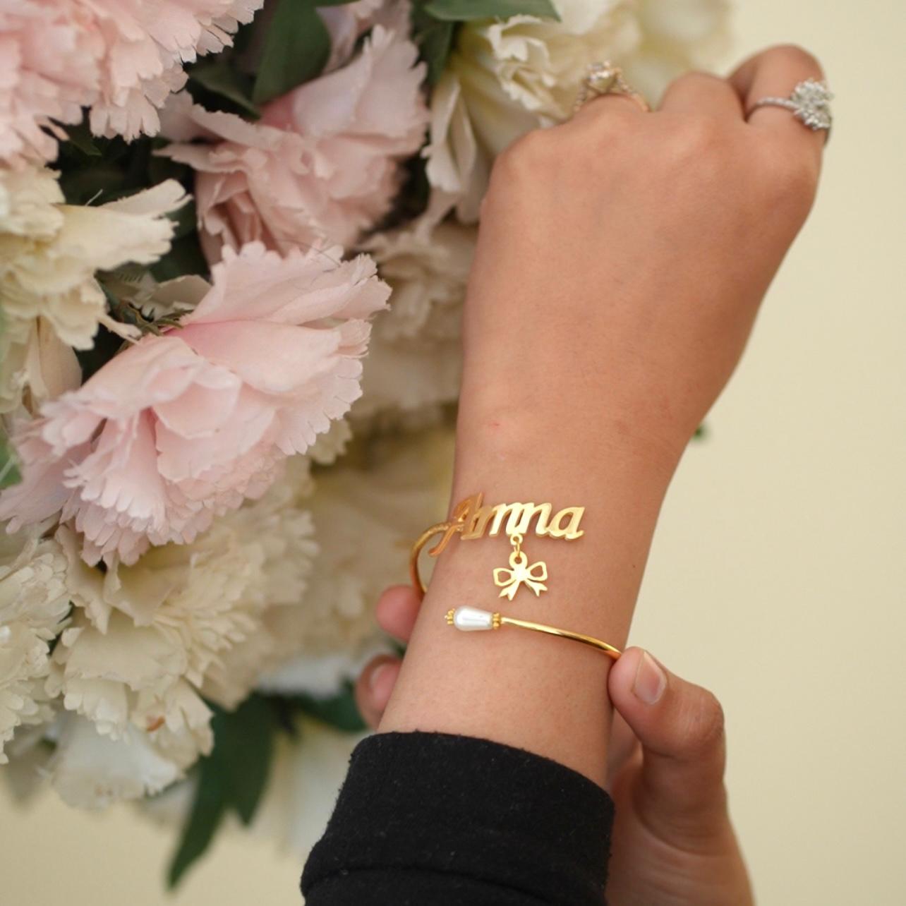 Personalized Name Bangle with Ribbon Charm