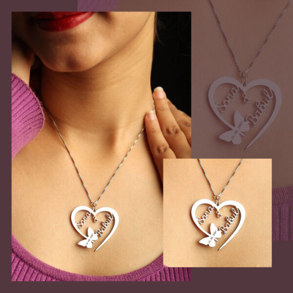 BUTTERFLY HEART COUPLE NAME NECKLACE